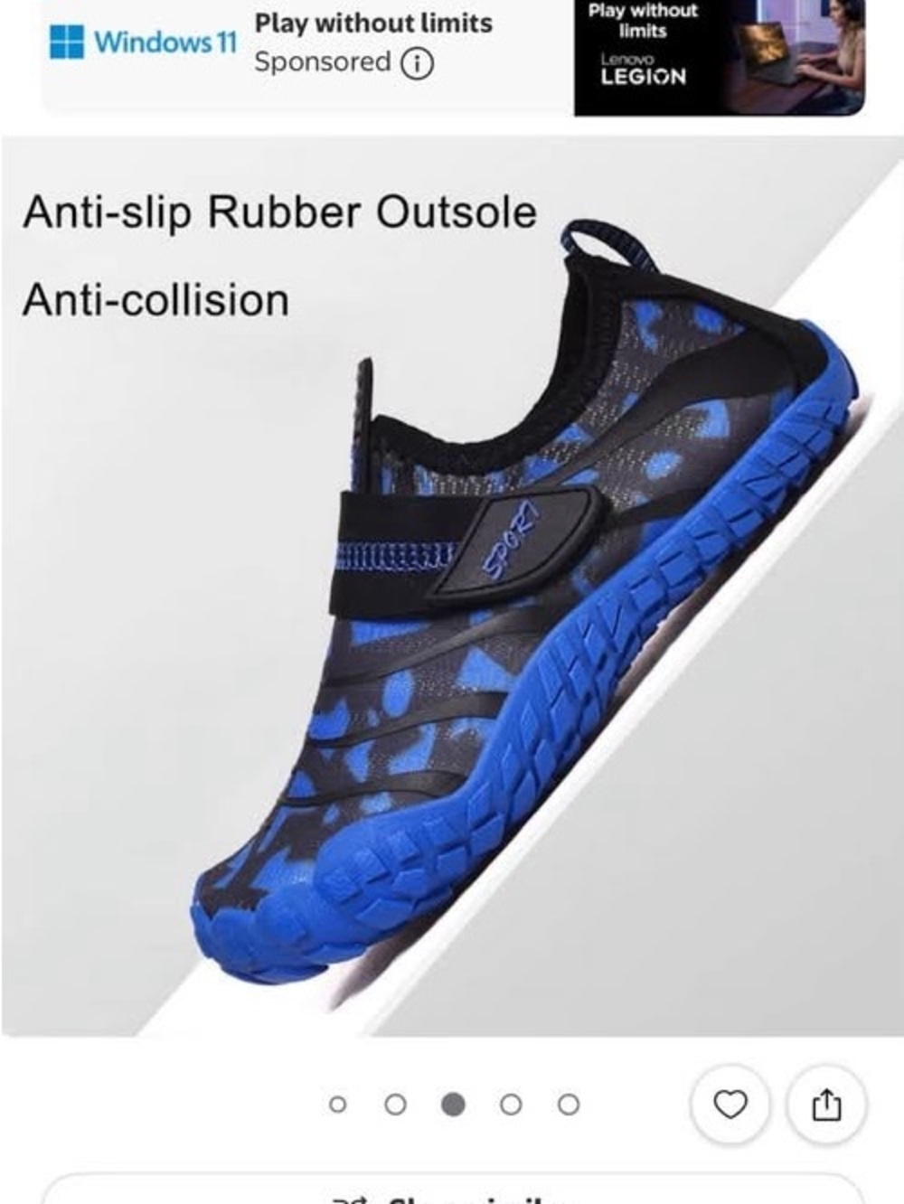 Blue and Black Kids Water Shoes with Hook-and-Loop Closure